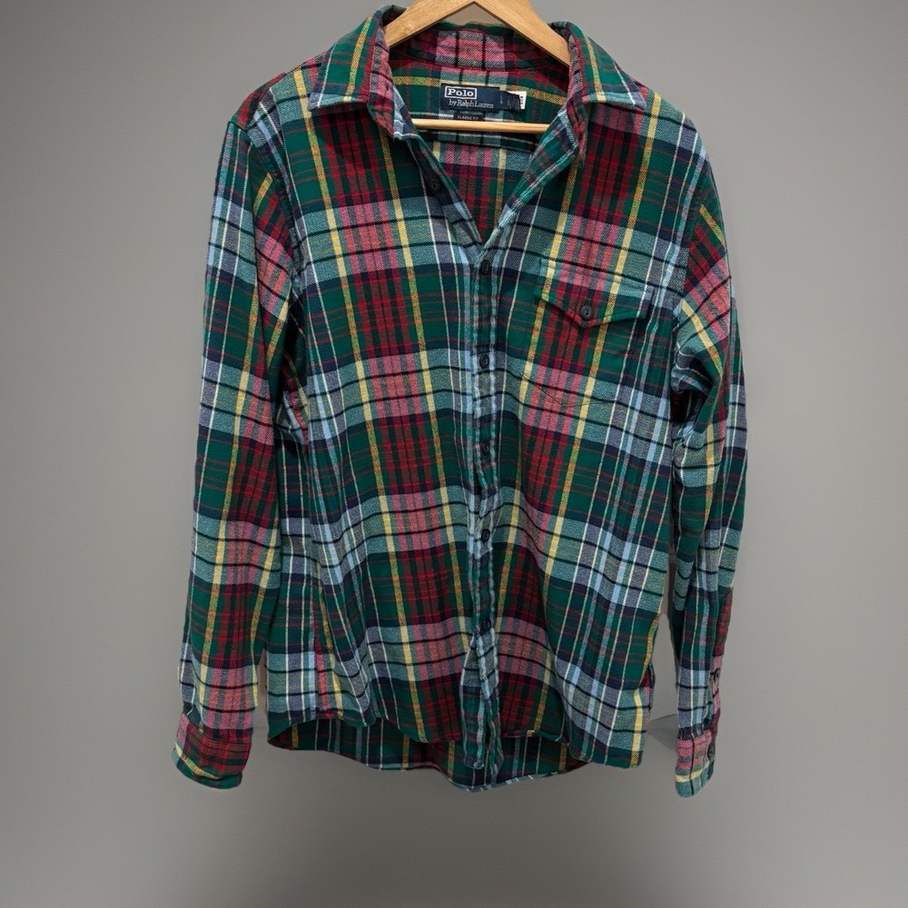 Polo Ralph Lauren | Men's Flannel Shirt Green Plaid Flap Pocket Classic Fit L